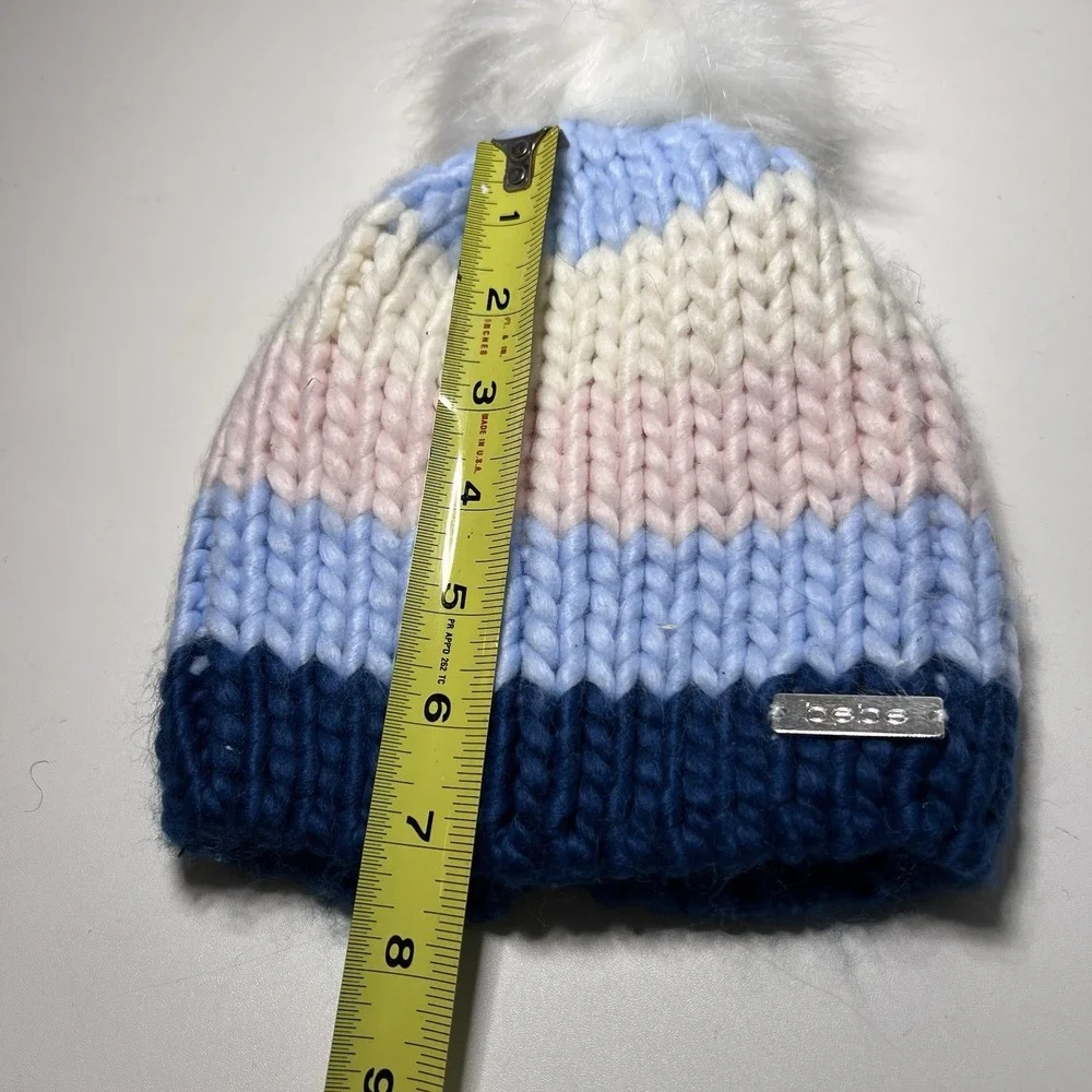 Bebe‎ Kids Striped Beanie White Faux Fur Pom-Pom